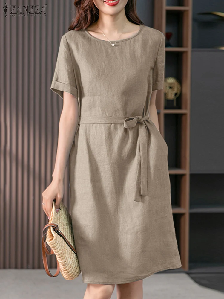 

Casual Short Sleeve Solid Cotton Sundress ZANZEA Fashion Female Work Party Knee-length Vestido Kaftan Vintage Women Summer Dress
