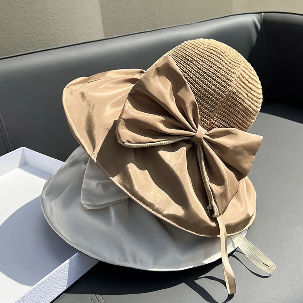 2022 Sun Hats for Women Beach Summer Ponytail Visor Wide Brim Uv Protection Bow Travel Straw Sunhat Ladies Hats Foldable Gorras