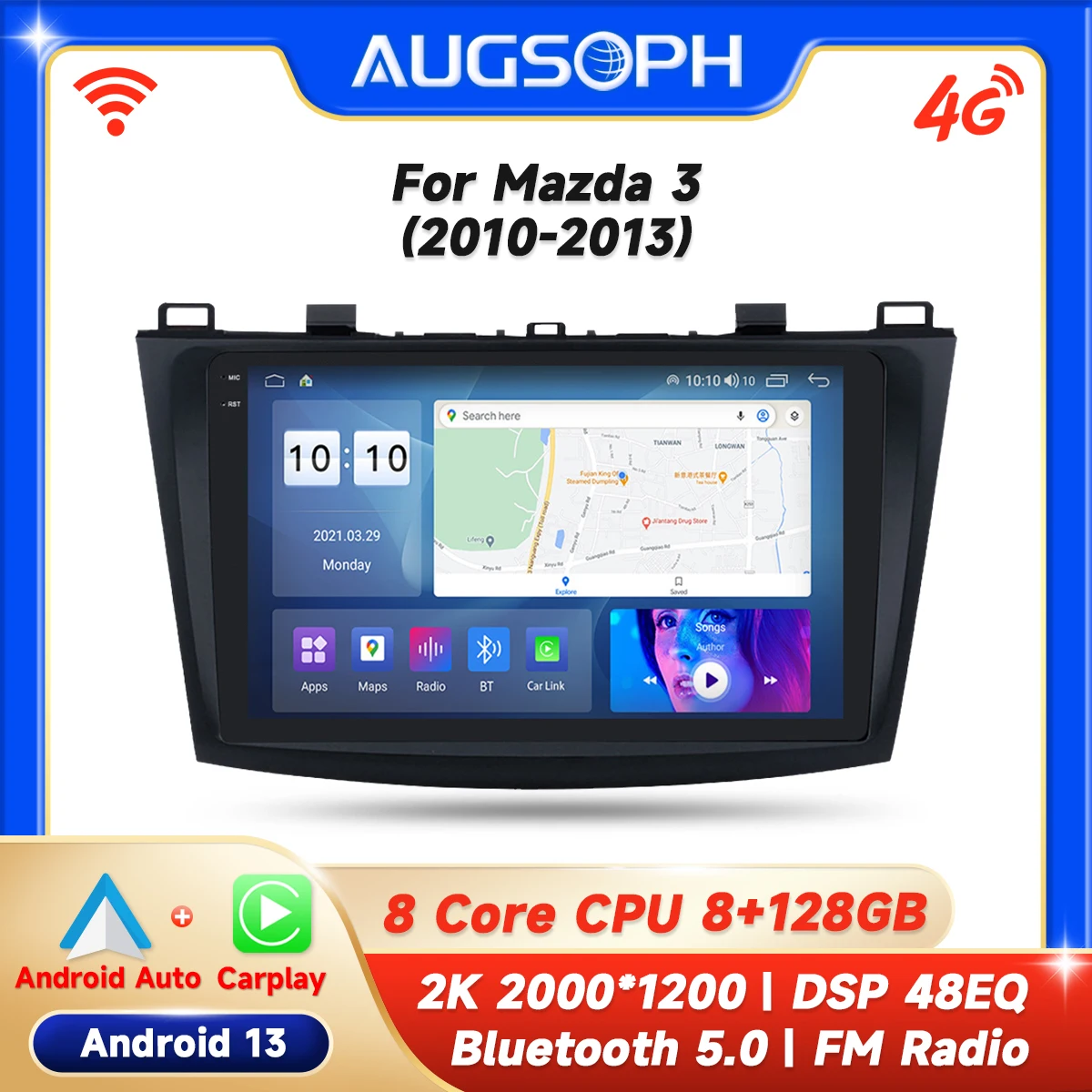 Автомобильный радиоприемник Android 13 для Mazda 3 2010-2013 9 дюймов 2K мультимедийный плеер