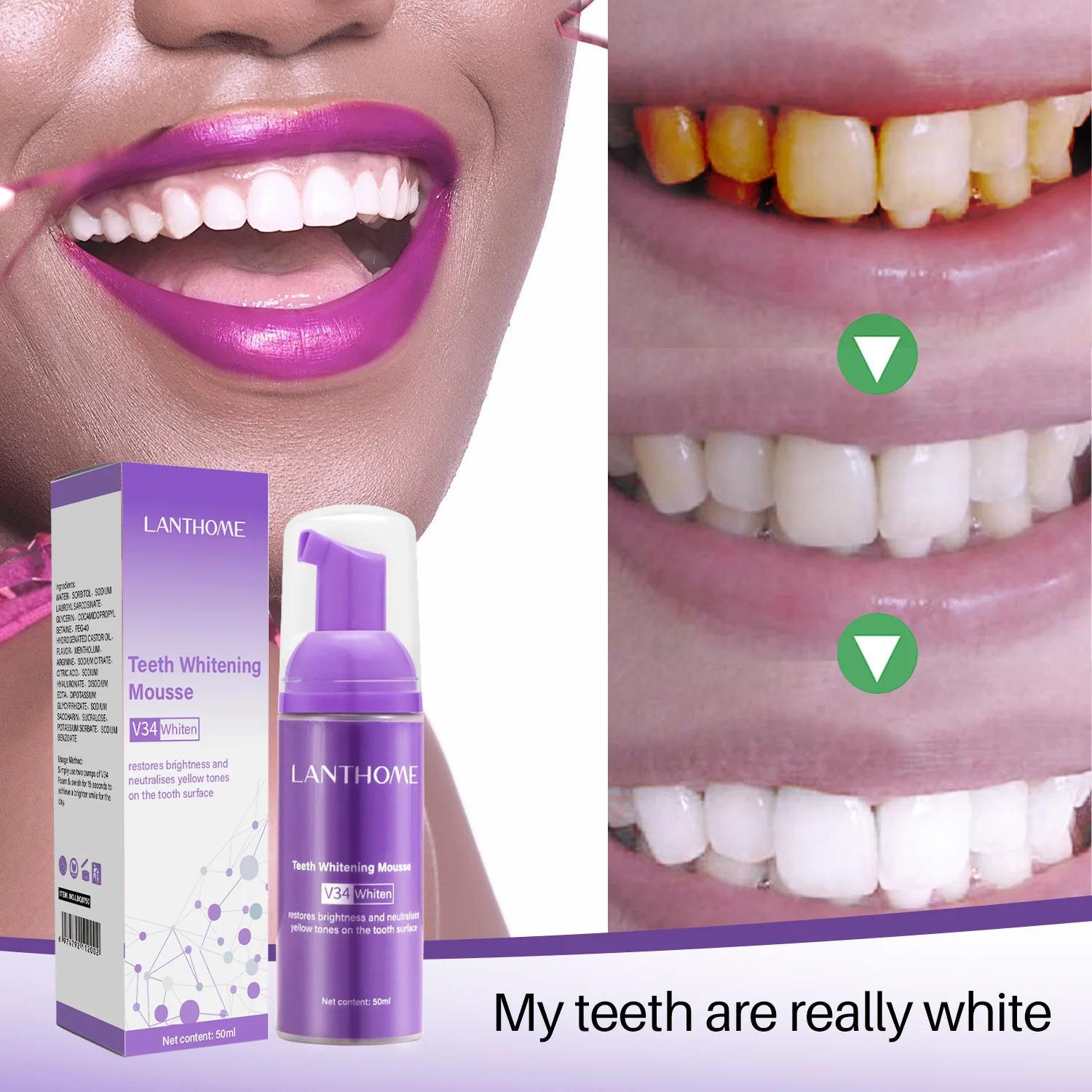 

50ml V34 Teeth Whitening Toothpaste Color Correction Whitener Purple Non-invasive Deep Clean Stain Yellow Removal Beauty Health