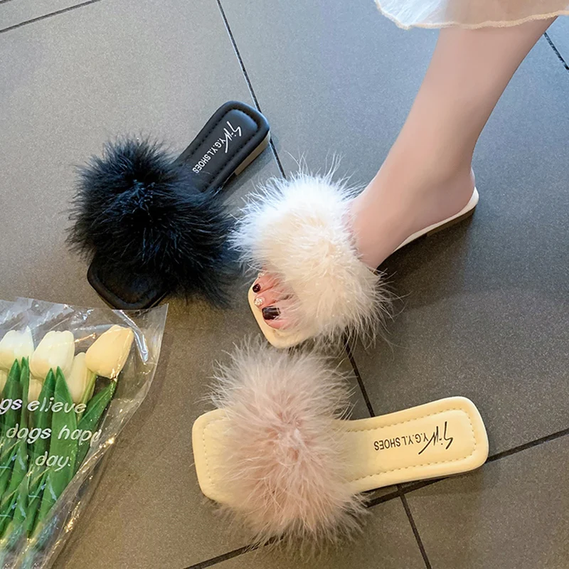 

Shoes Woman's Slippers Fur Flip Flops Luxury Slides 2023 Flat Plush Designer Rubber Rome PU Basic Shoes Slippers Flat Fur Flip F
