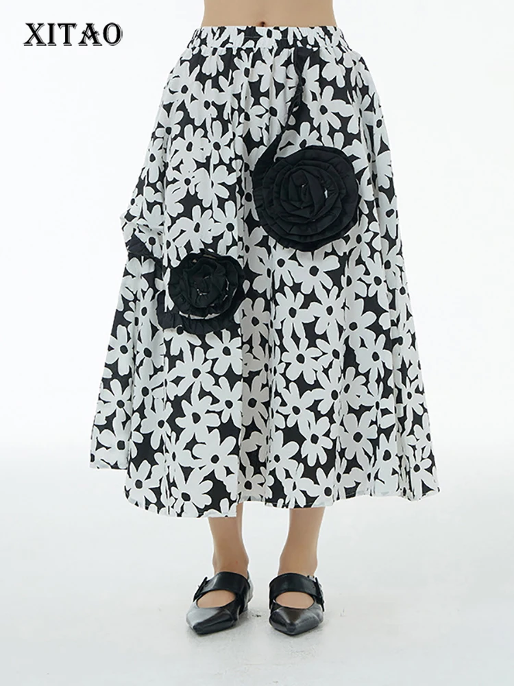 

XITAO Contrast Color Print Skirt Loose Fashion Three-dimensional Flowers Splicing Decorate Simplicity Casual All-match WLD8359