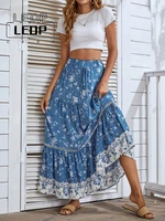 ledp womens skirt floral print boho skirt elastic high waist party beach wave ruffle swing skirt vintage midi dress costume