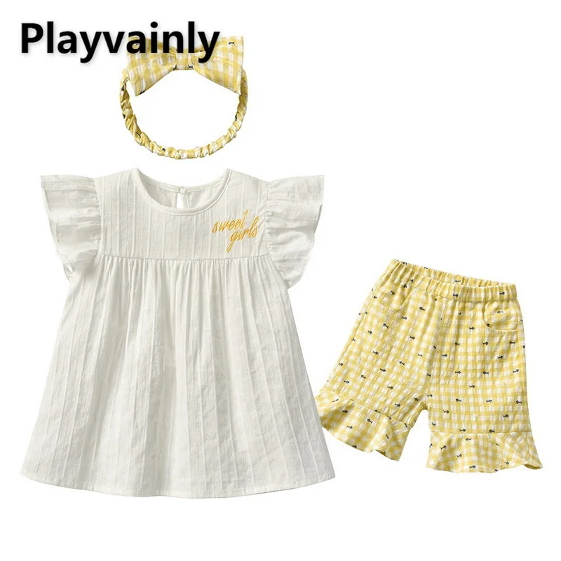 

Новый летний комплект одежды для маленьких девочек, короткий пуловер с расклешенными рукавами и вышивкой + желтые шорты, повседневная детск...