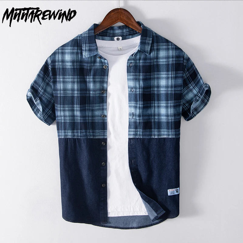 

Рубашка мужская в клетку/в полоску, Повседневная блуза из чистого хлопка, с короткими рукавами, на пуговицах, модная дизайнерская в японском стиле, лето