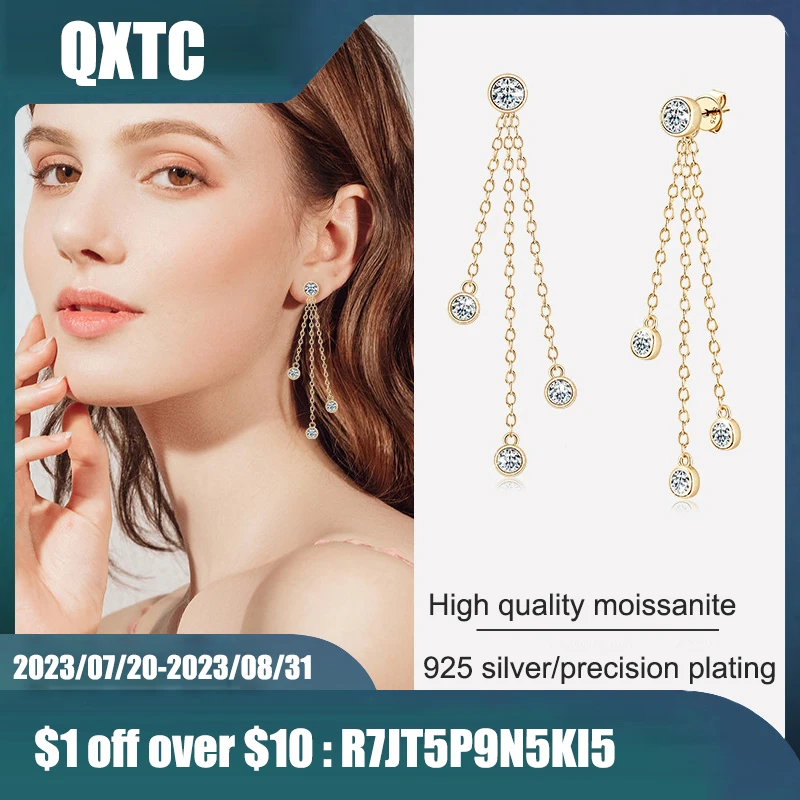 

QXTC Long Tassel Moissanite Drop Earrings 4mm&3mm D Color Round Diamond Women's Stud Earrings Real 925 Silver Fine Jewelry Gift