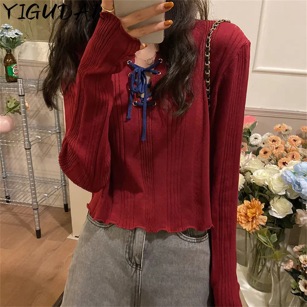 

Thin knitwear women's 023 spring and summer new design sense binding wooden ear edge short style chic long sleeves