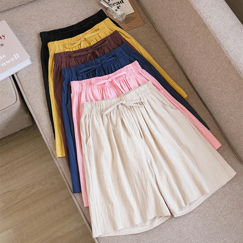 

Cotton Linen Shorts Women Summer Clothes Elastic Waist Drawstring Baggy Short Breathable Comfortable Casual Bottoms Korean Style