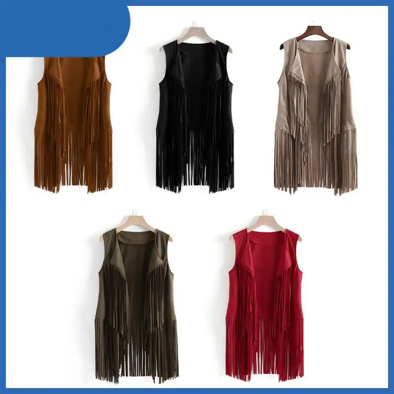 

Women Vest Sleeveless Leather Motorcycle Vest Tops Autumn Winter Imitation Ethnic Suede Tassels Fringed Vest Cycling Vests