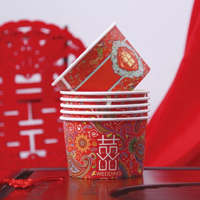 

100pcs/pack Chinese Traditional 480ml Wedding Disposable Bowl Paper Bowl Round Wedding Household Happy Bowl Wedding Supplies