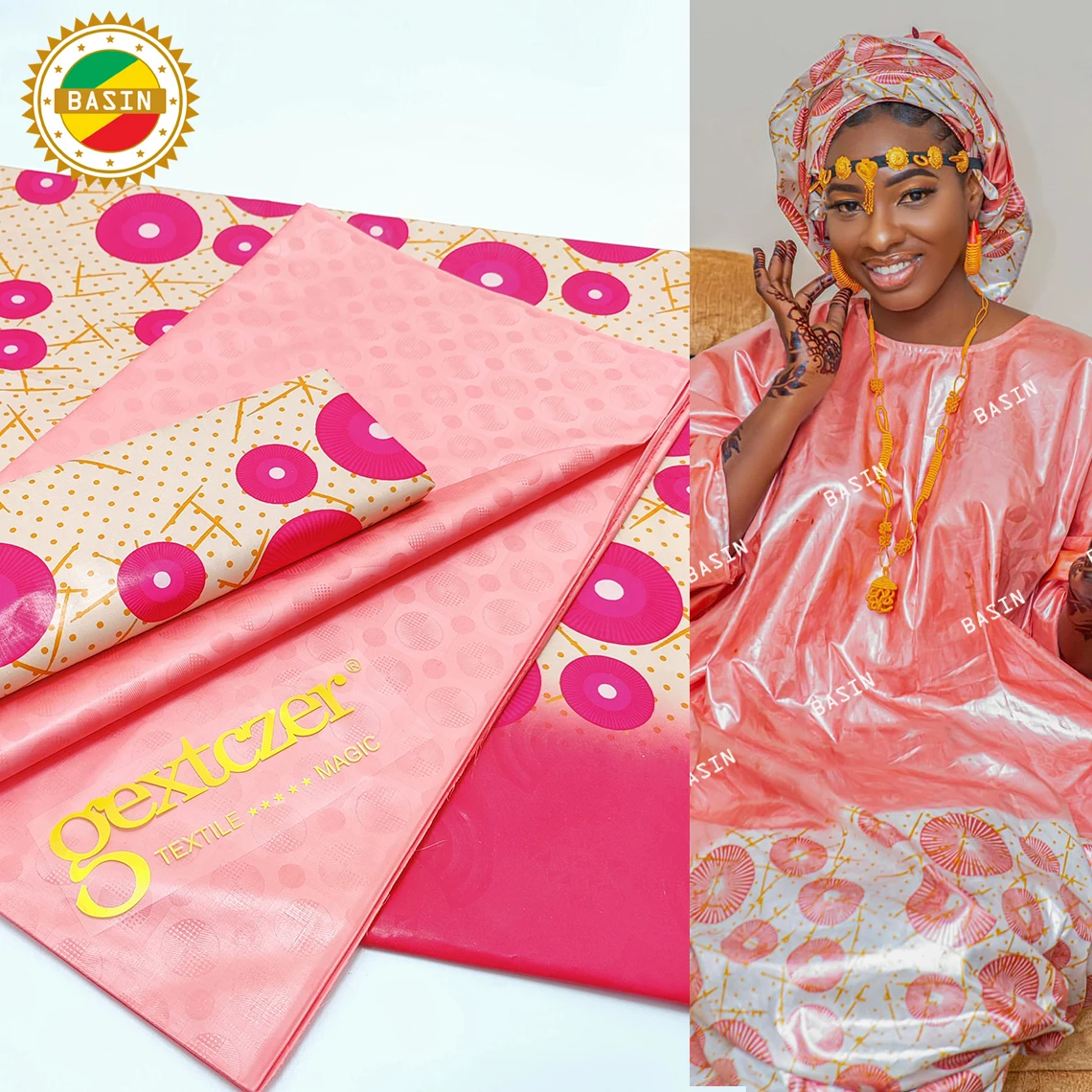 

Peach Printed Bazin Riche Jacquard With Plain Bazin Perfect Match For African Women Wedding Bride Dress 100% Cotton Basin Fabric
