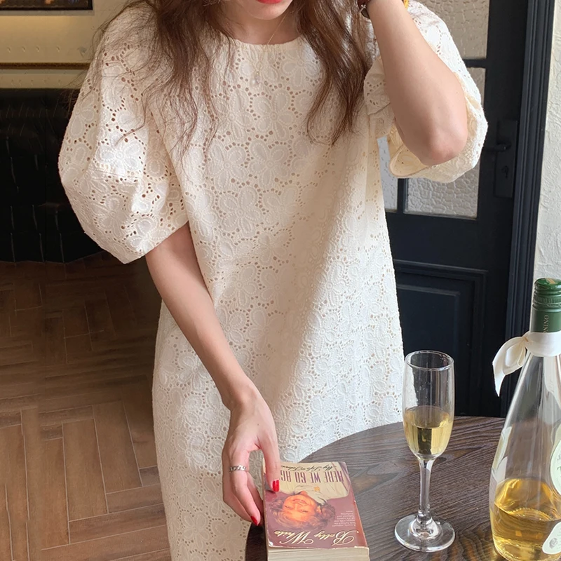 

J GIRLS Women Dress 2021 Summer Korea Chic French Elegant Lace Hook Flower Hollow Loose Solid Color Bubble Sleeve Vestido