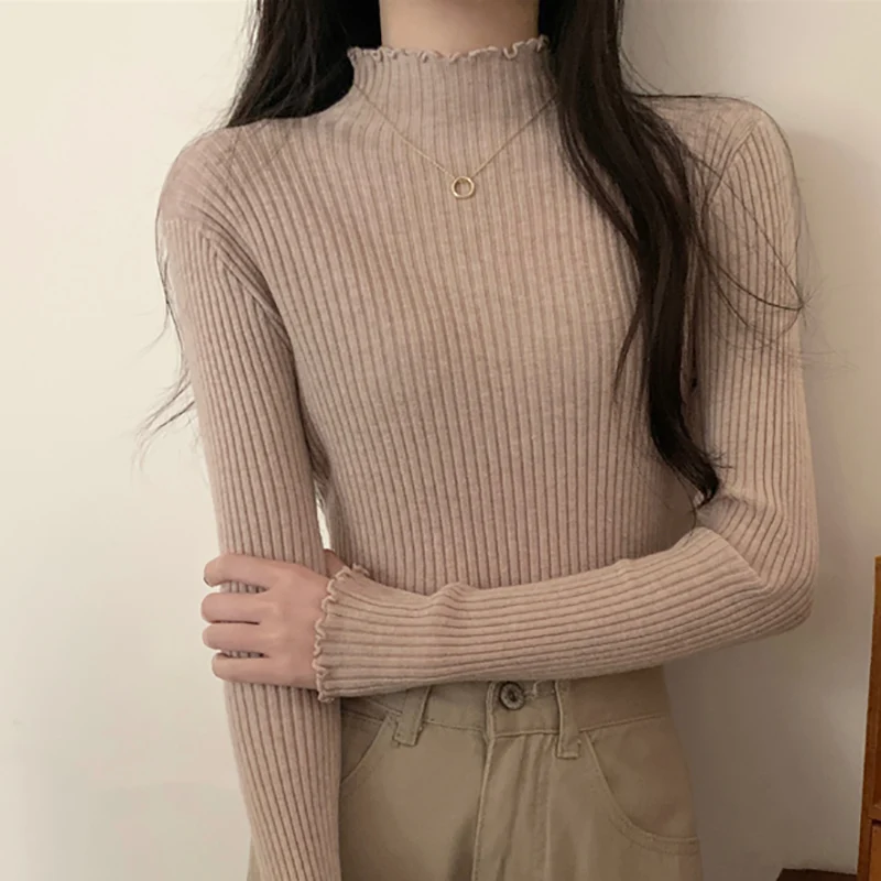 

Ruffles Turtleneck Sweaters For Women Slim Pullover Autumn Winter Casual Long Sleeve Solid Sweater Womens Tops 2023 Pull Femme