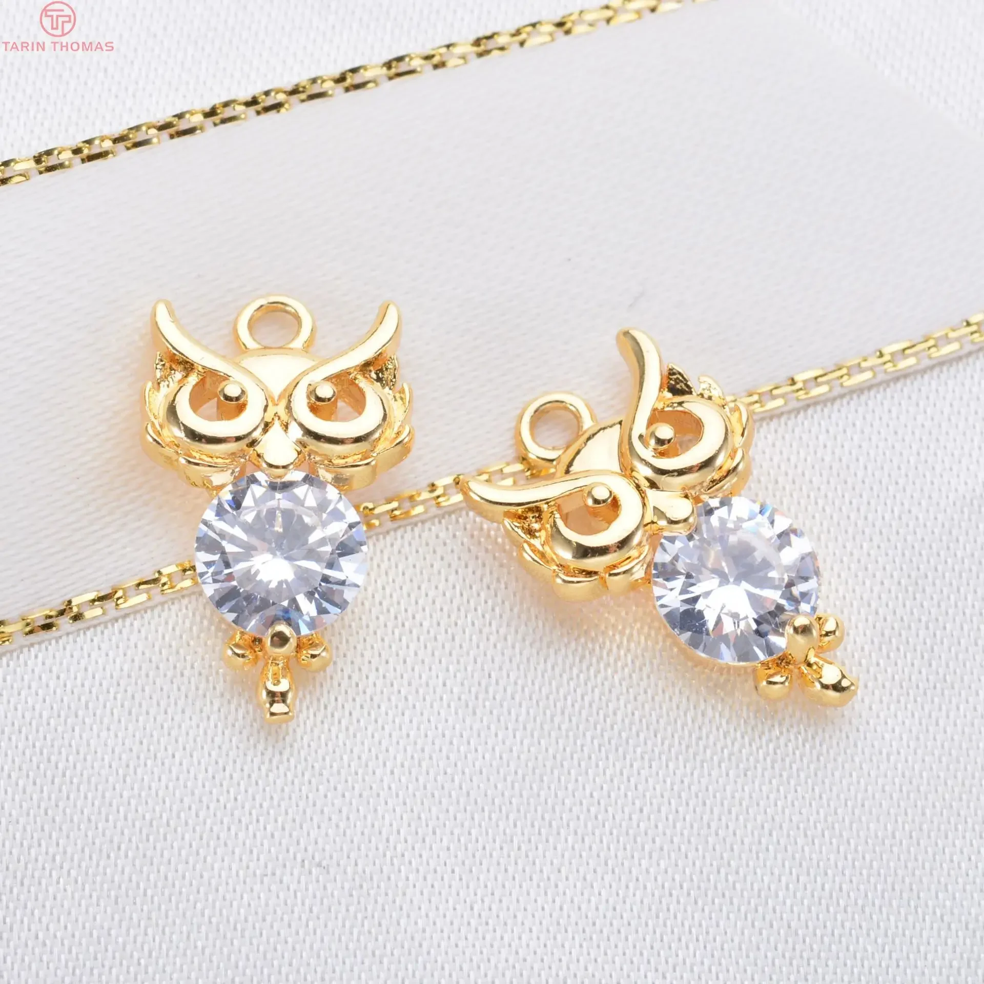 (696) 6 шт. 17x10 мм 24-каратное золото латунь с цирконом подвески в виде совы высокое