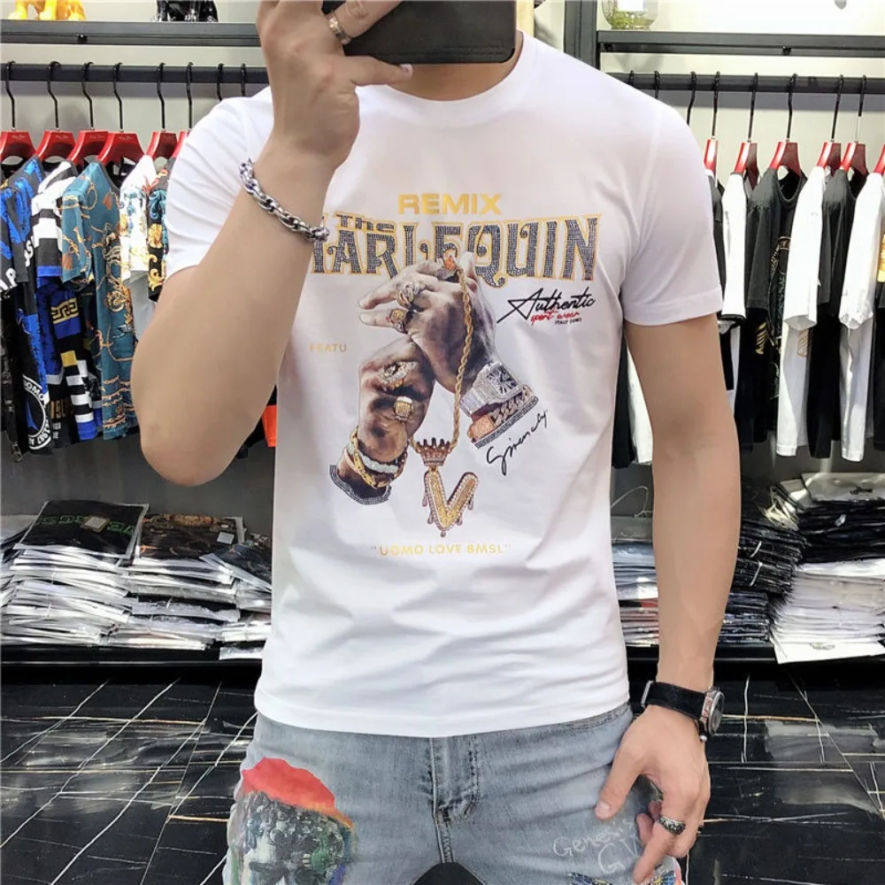 

Футболка мужская с коротким рукавом и стразами, брендовая хлопковая приталенная рубашка с принтом, топ из чистого хлопка, роскошная одежда, лето