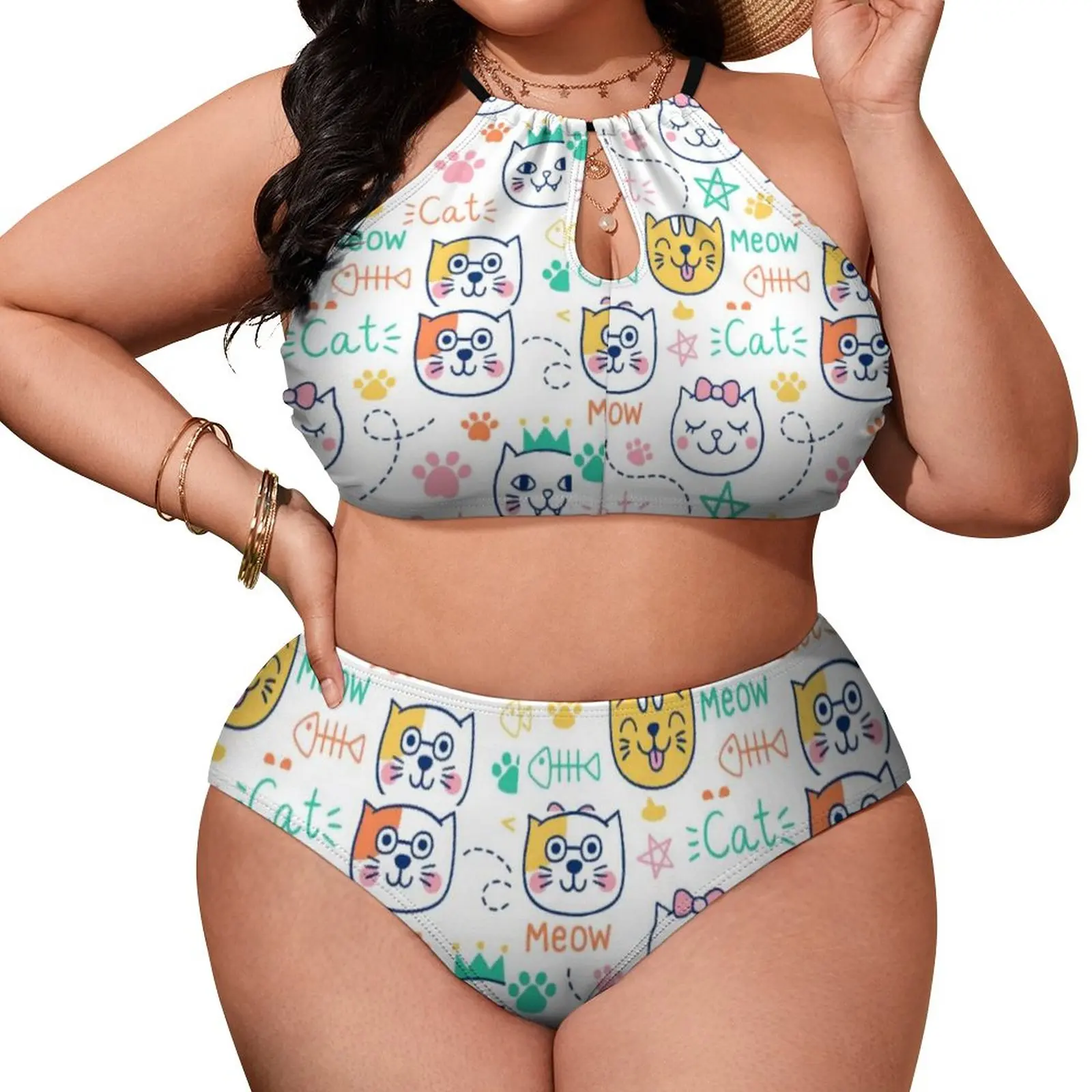 

Cartoon Meme Bikini Swimsuit Cats Face Print Swimwear Sexy Push Up Novelty Bikinis Set Bath Plus Size Feminine Bikinis Beachwear