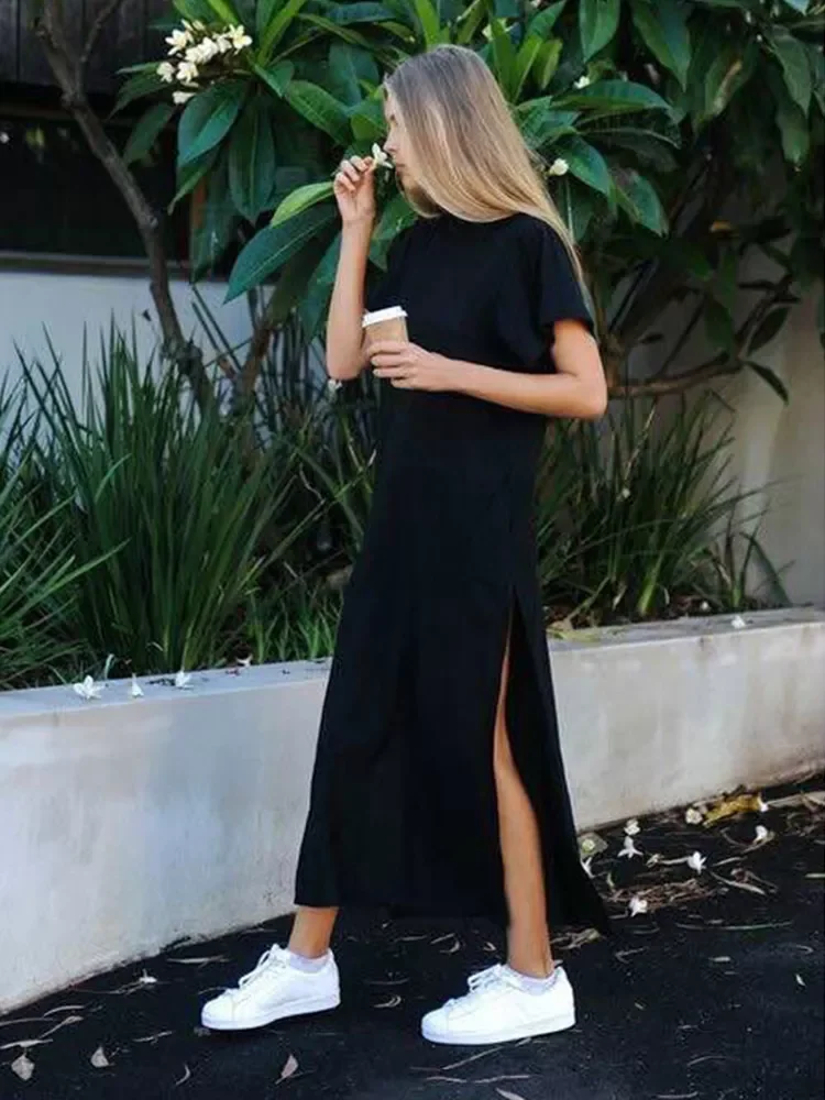 

2022New Maxi T Shirt Dress Women Summer Beach Sexy Party Bodycon Elegant Vintage Casual Cotton Black Long Dresses Sundress