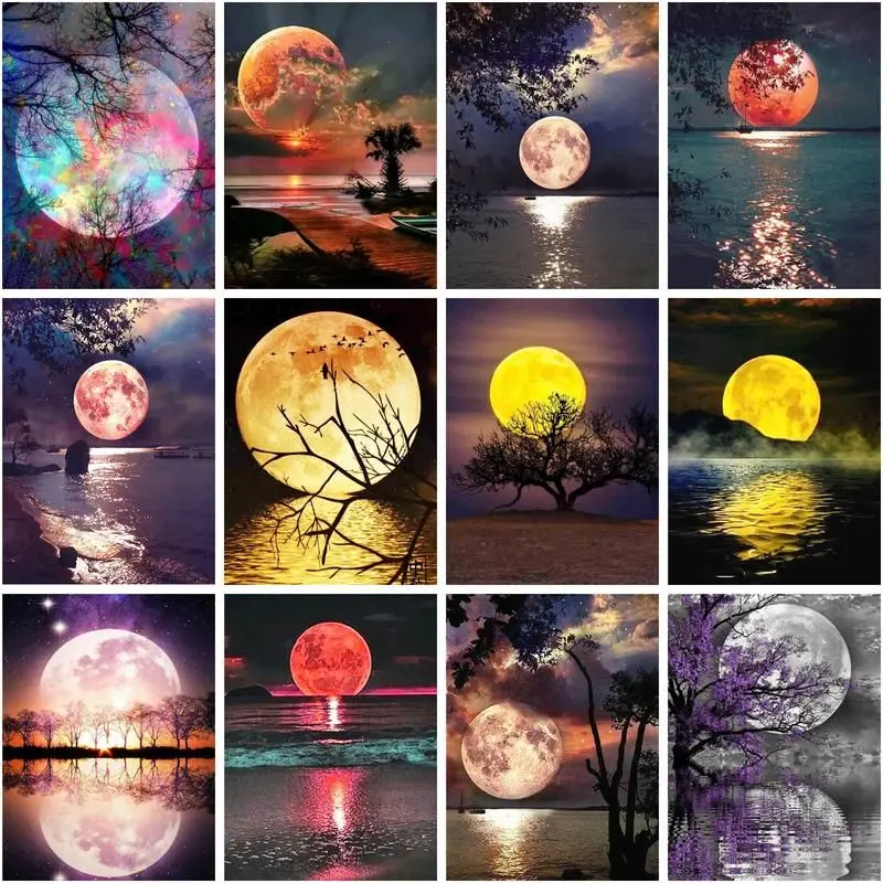 

GATYZTORY 5d Diamond Painting Moon Landscape Kit Full Square/Round Drill Diamond Art Embroidery Lake View Handicraft Wall Art
