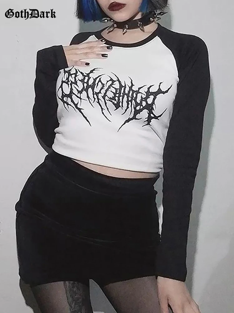 

Goth Dark egirl Grunge Print Aesthetic Casual T-shirts Mall Gothic Patchwork Bodycon Women Crop Tops Emo Long Sleeve Alt Clothes