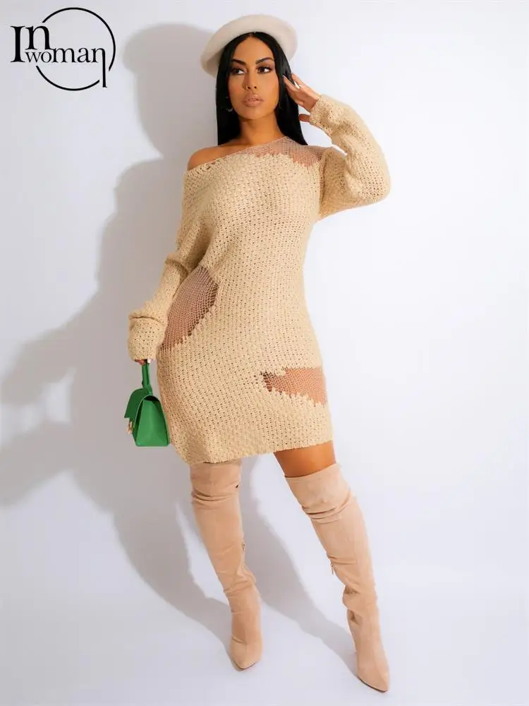 

Inwoman Autumn Sexy Knit Hollow Out Bodycon Mini Dresses Club Outfit For Women 2022 Long Sleeve O Neck Party Short Dress Female