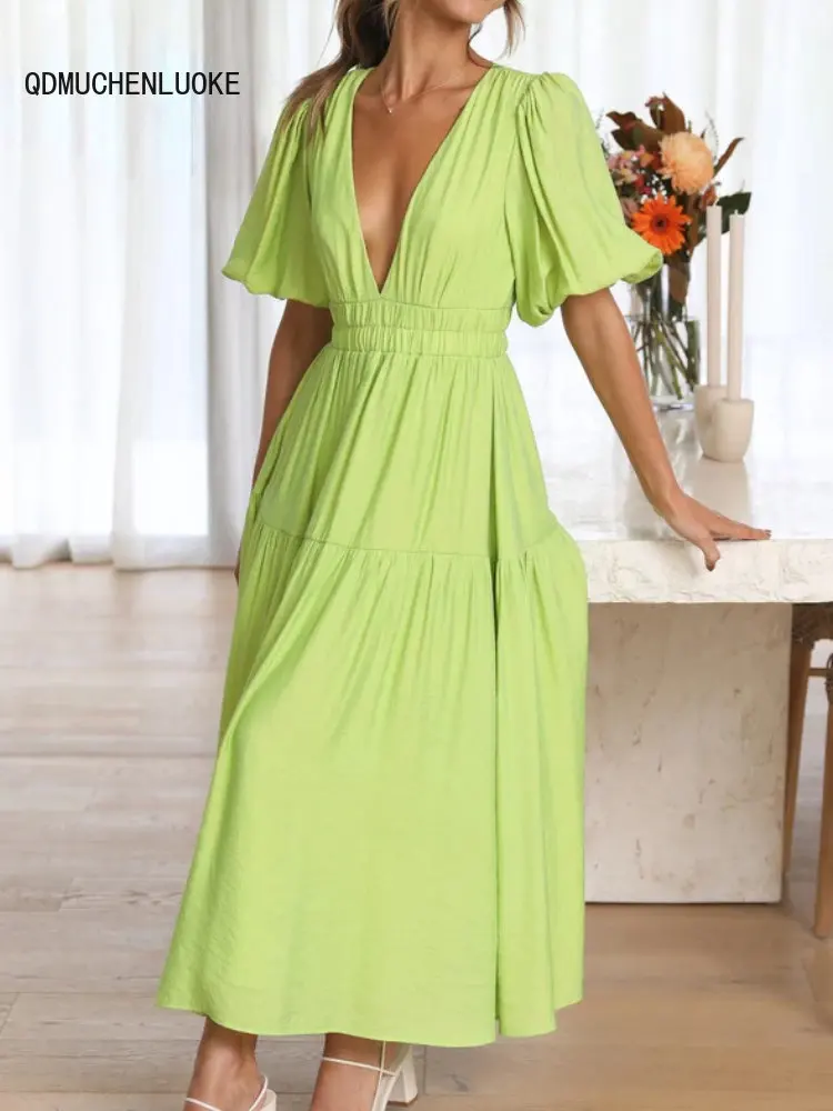

Elegant Party Dresses for Womens 2023 New Sexy Deep V-Neck Short Sleeve Black Office Ladies Pink Long Maxi Summer Women's Dress