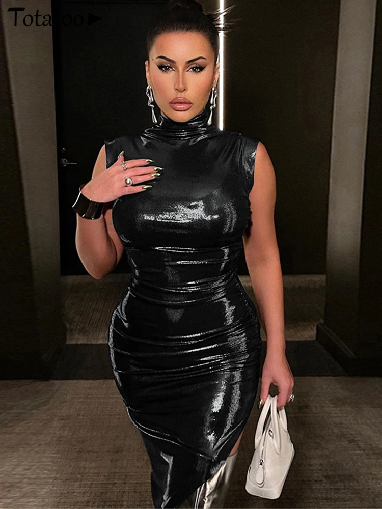 Женское облегающее платье-миди без рукавов Totatoop, летнее черное платье из искусственной кожи с рюшами, одежда для ночного клуба, 2023