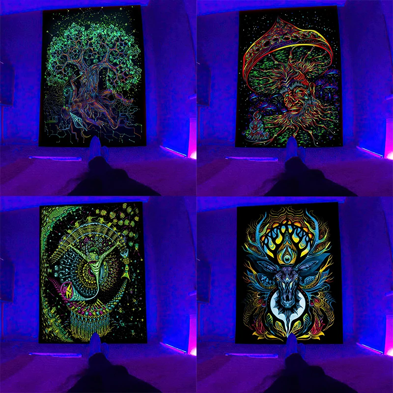

Black light Tapestry UV Reactive Psychedelic Wall Hanging Hippie Tapestry for Bedroom Dorm Indie Room Decor send hook