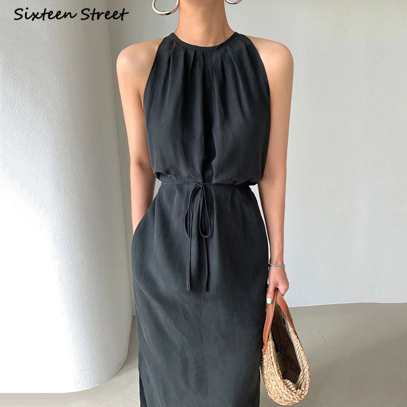 Sleeveless Black Solid Dress Women 2022 Summer High Waist Chic Long Dress Vestidos Korean Fashion Business OL Clothing