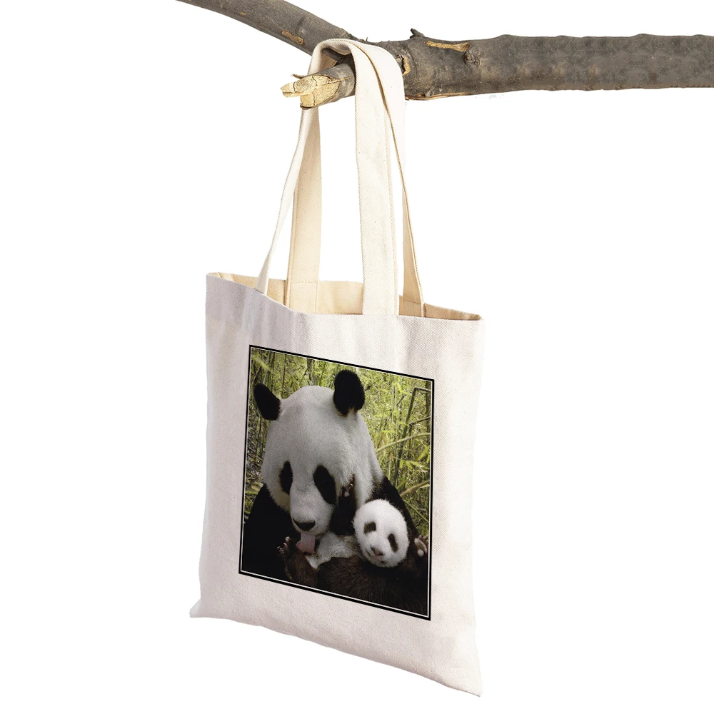 

​Chinese Panda Lady Shopping Bags Lovely Wild Animal Foldable Reusable Supermarket Shopper Bag Canvas Tote Handbag for Women
