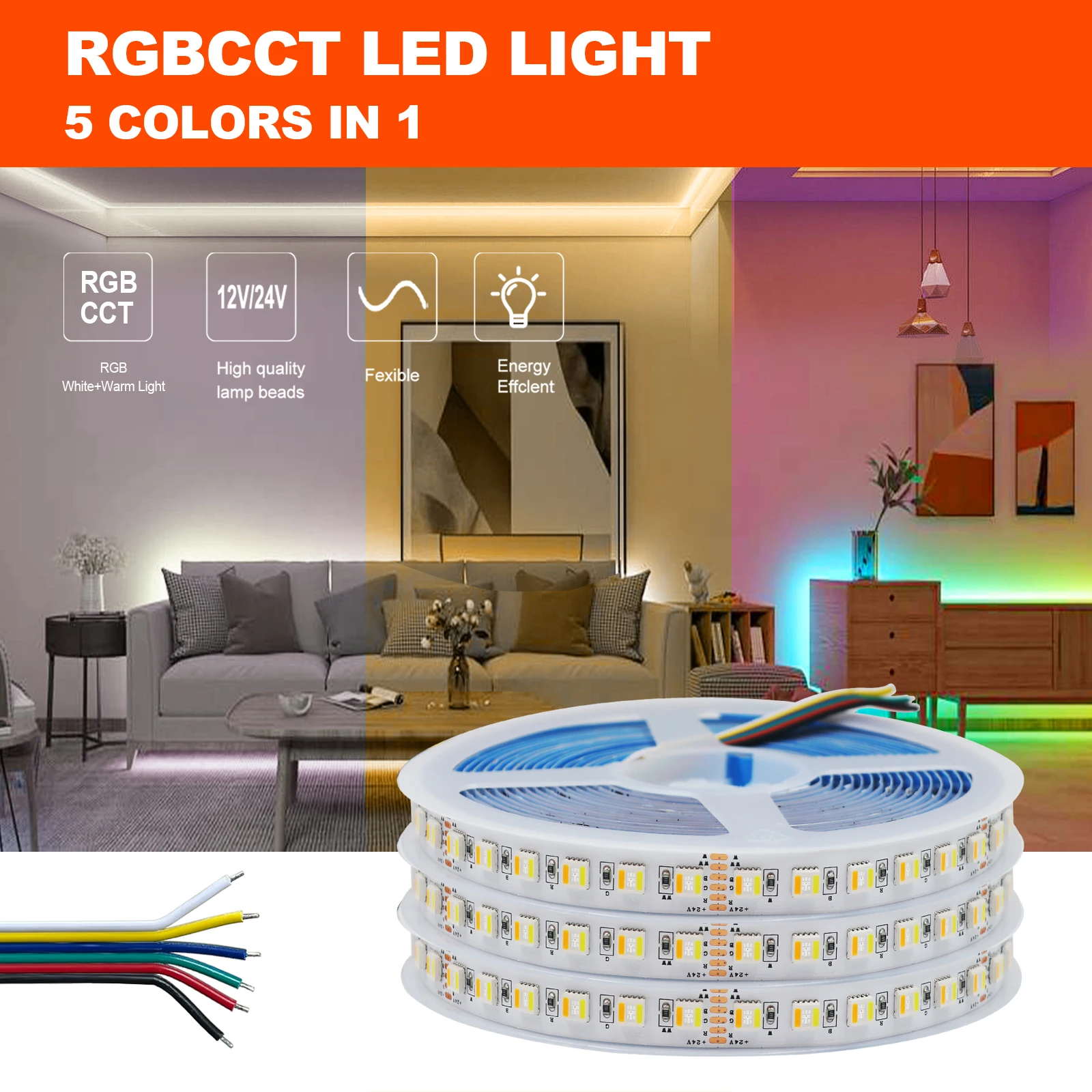 5 цветов в 1 чипе RGBCCT COB Светодиодная лента DC12V 24V 5M SMD 5050 60 96LEDs/M Гибкая клейкая IP21/IP67