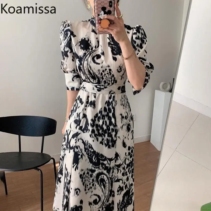 

Koamissa Vintage Spring Summer Women Belt Long Dress Short Sleeve Slim Waist Bodycon Dresses Print Lady Elegant A Line Vestidos