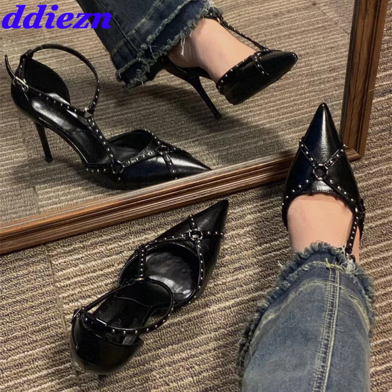 

New In Rivet Fashion Pumps Woman High Heels Shoes 2023 T-Strap Shallow Pointed Toe Ladies Luxury Sandals Female Heeled Shoes