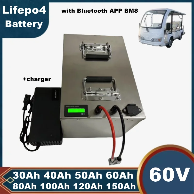 Фото Литий-железо-фосфатный аккумулятор Lifepo4 60 В, 30 Ач-150 Ач с приложением Bluetooth BMS для скутера, лодки, гольф-кара - зарядное устройство в комплекте №1