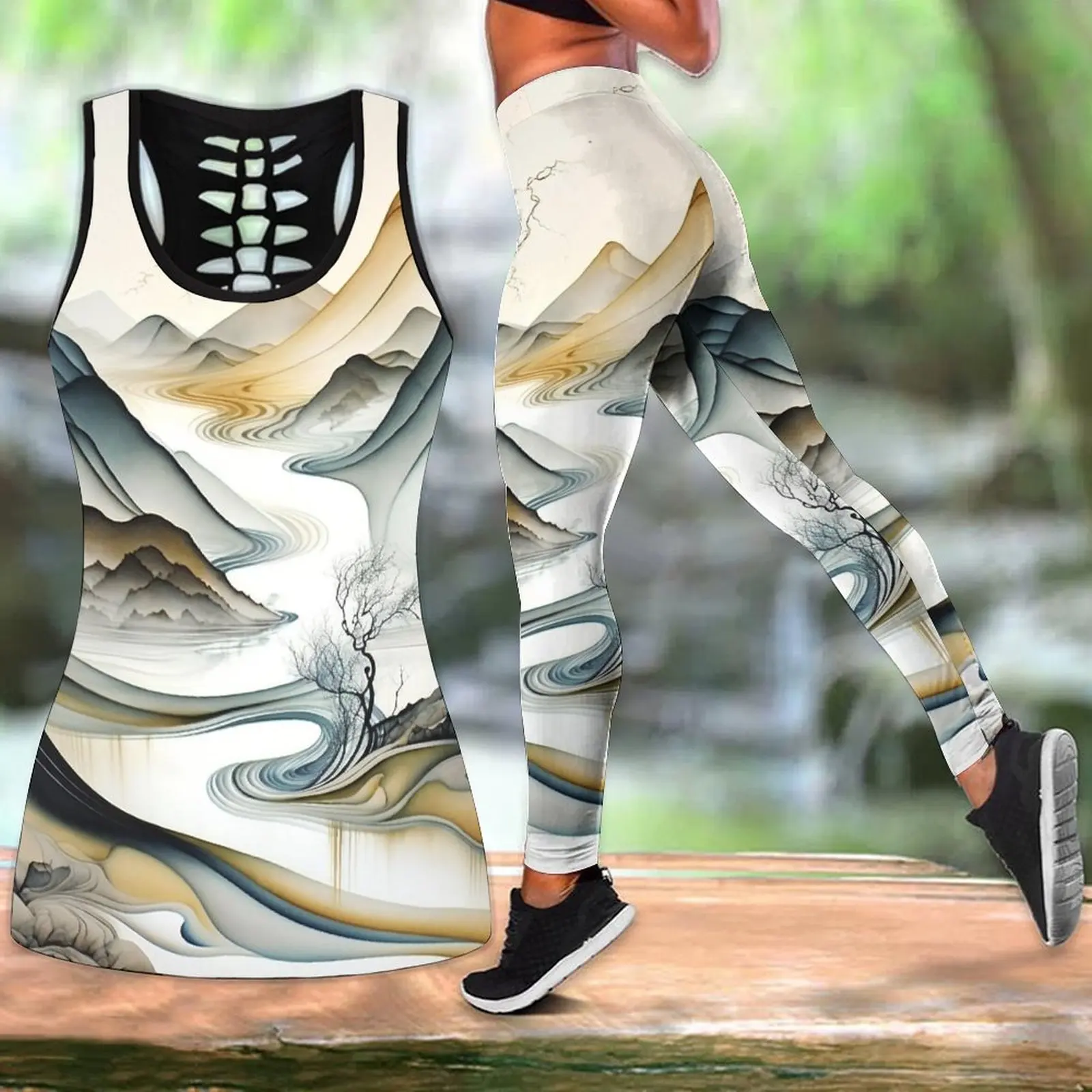 

Летняя модная спортивная одежда, набор для йоги, набор для йоги с акварельным ландшафтом и рисунком