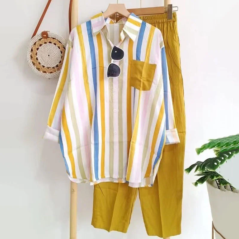 

2023 Women Striped Shirts Suits Vintage Pockets Blouse T-shirt Wide Leg Pants Suit Female Casual Solid Pants Outfits 2 Piece Set