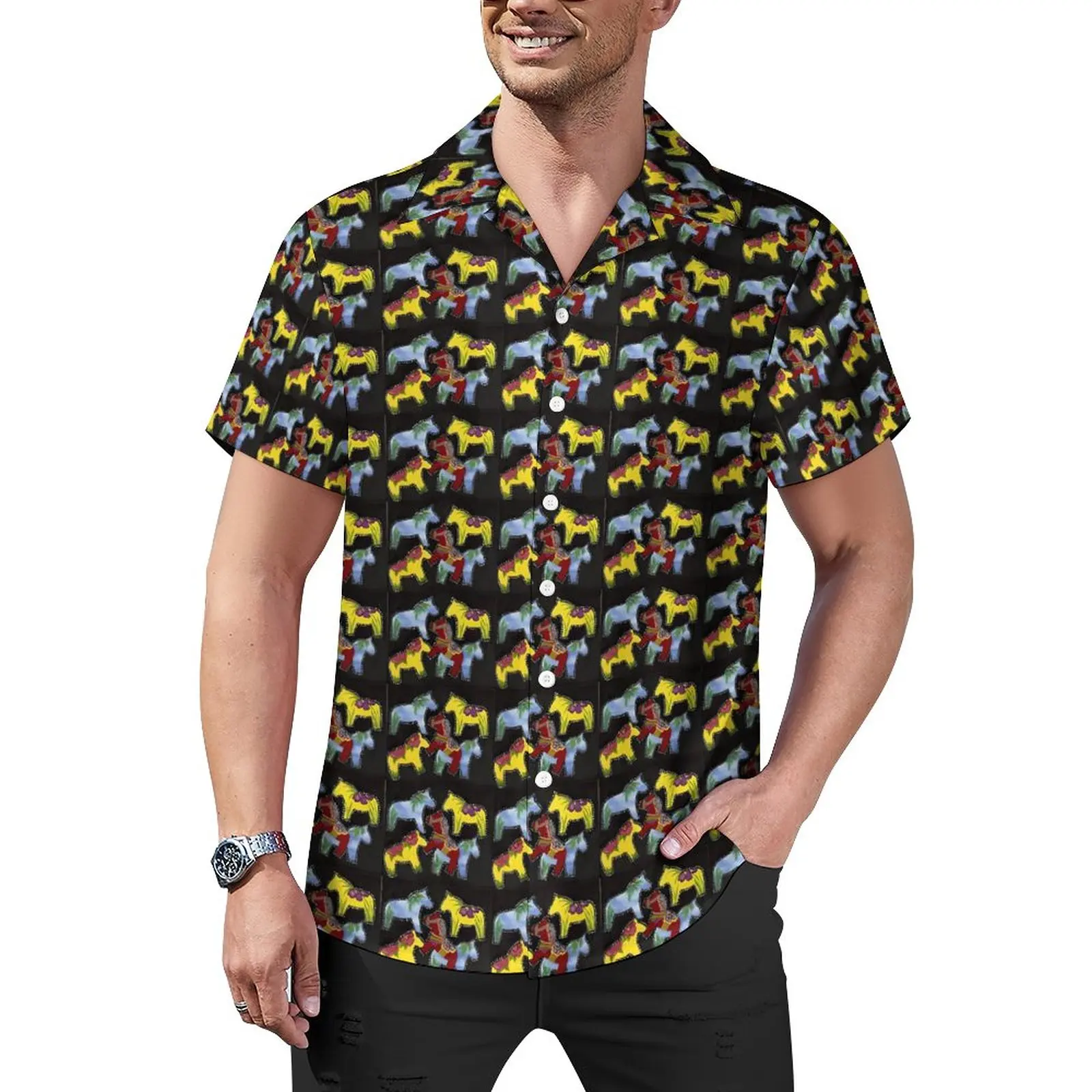 

Colorful Horse Vacation Shirt Animal Print Hawaii Casual Shirts Man Street Style Blouses Short-Sleeve Graphic Clothing Plus Size