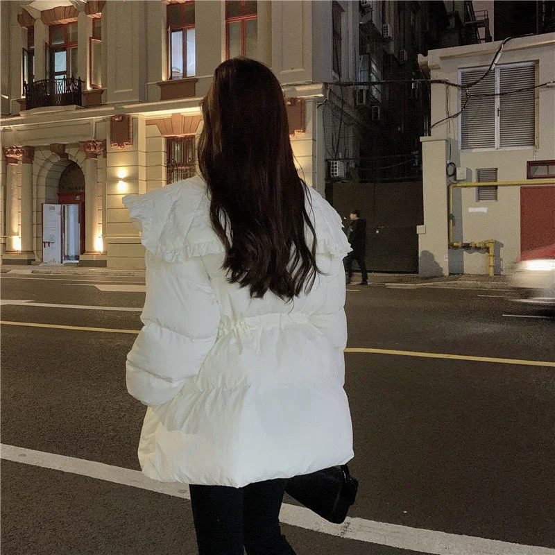 Winter Detachable Lace Collar Short Designer Jacket Women Hooded Korean Fashion Thick Warm Parkas Female Oversize Padded Clothes