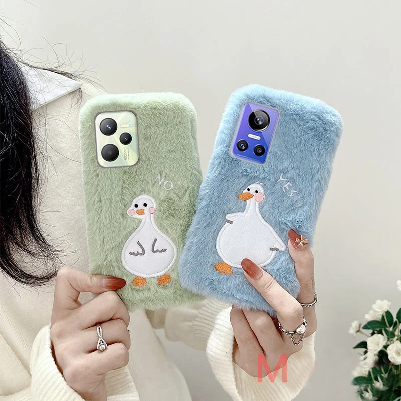 

Warm Plush Cartoon Case For Realme 8 9 Pro Plus Phone Case OPPO Reno 4Z A94 5G Realme C35 GT 2 9i 8i 7 6 C21Y C25 Duck Fur Cover