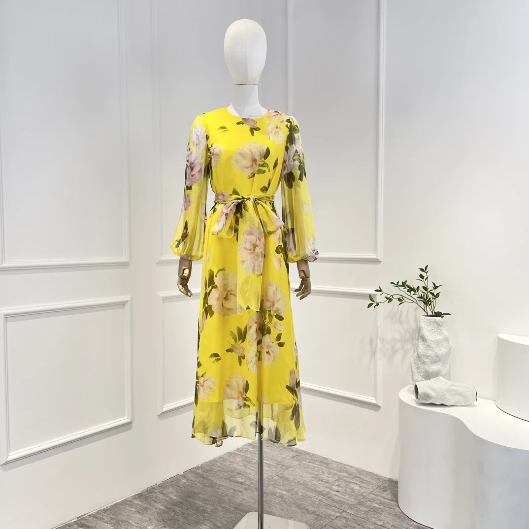 

New Top Quality 2023 Spring Elegant Vintage Yellow Flower Printing Semi-sheer Long Lantern Sleeve Lace Up Waist Woman Midi Dress