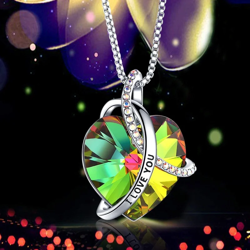 

I Love You with All My Heart Crystal rainbow Ruby topaz Sapphire Pendant Necklaces Jewelry for Women Valentine's Day gift