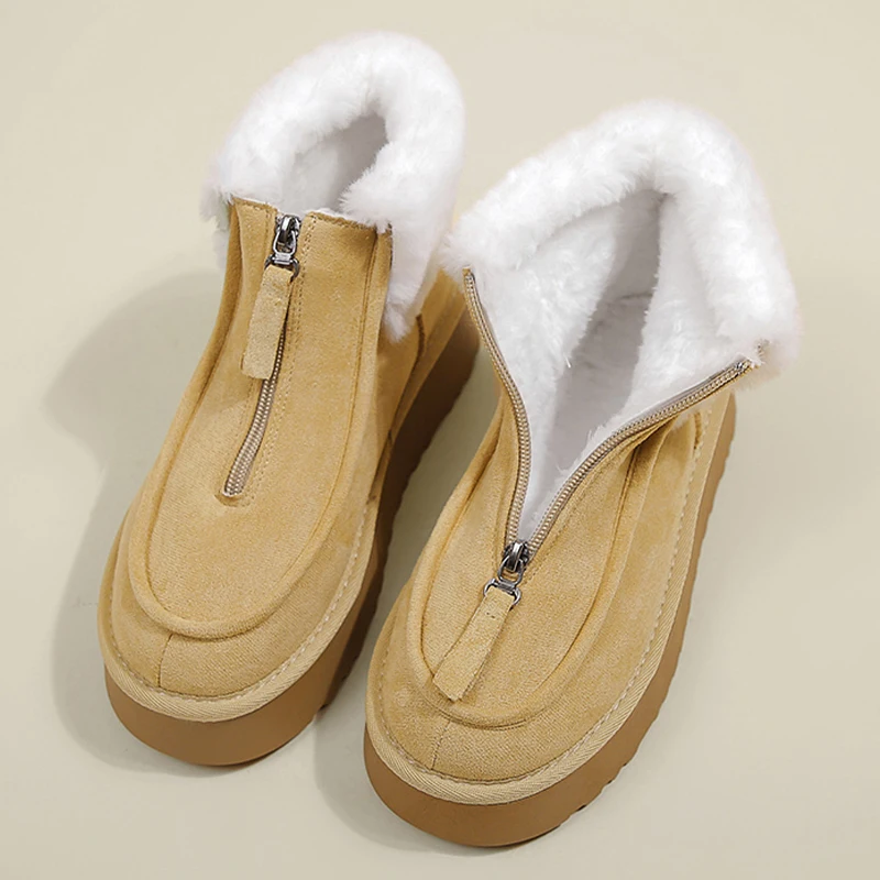 

New Chelsea Fur Plush Warm Snow Boots Women Winter Fashion Platform Ankle Boots Flats Shoes Suede Casual ZIP Female Booties