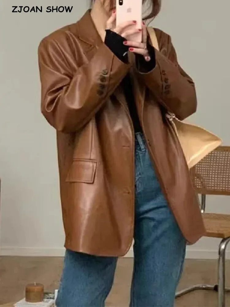 

2022 Winter Vintage Oversize Single-breasted Buttons PU Blazer Retro Women Slit Back Mid Long Leather Suit Loose Coat BF Outwear