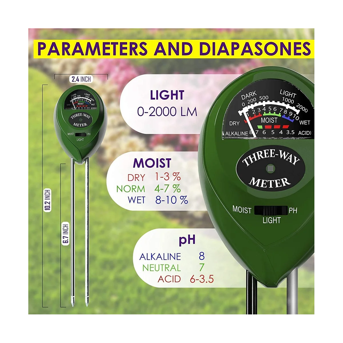 

Soil PH Meter 3-In-1 Soil Tester Moisture, Light, PH, Meter Tool for Garden, Farm, Plant, Outdoor, Indoor