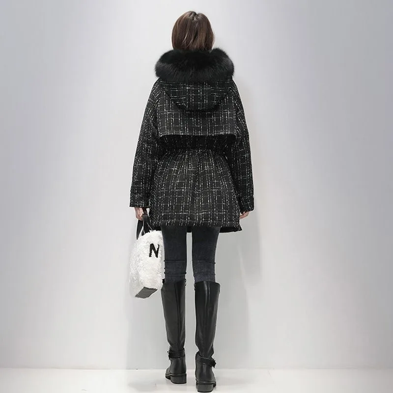 Winter New Women Parka Down Jacket Design Sense Large Pocket Plus Velvet Warm Large Size Fur Collar Black Coat Female Clothing