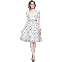 polka dot dress 2022 summer new french thin high sense lace flower square neck long skirt women