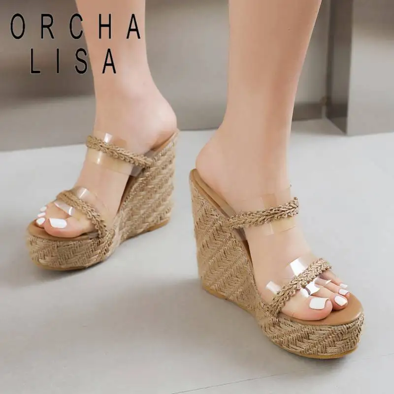 

ORCHA LISA Women Sandals Open Toe Wedges 8.5cm Platform 3.5cm Slip On Mules Knitting Female Shoes Daily Retro Plus Size 46 47 48