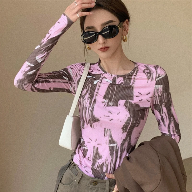 

Y2K Mesh T-shirt Women's Tight-fitting Design, Niche Long-sleeved Bottoming Shirt, Autumn Chic Short O Neck Slim Tops