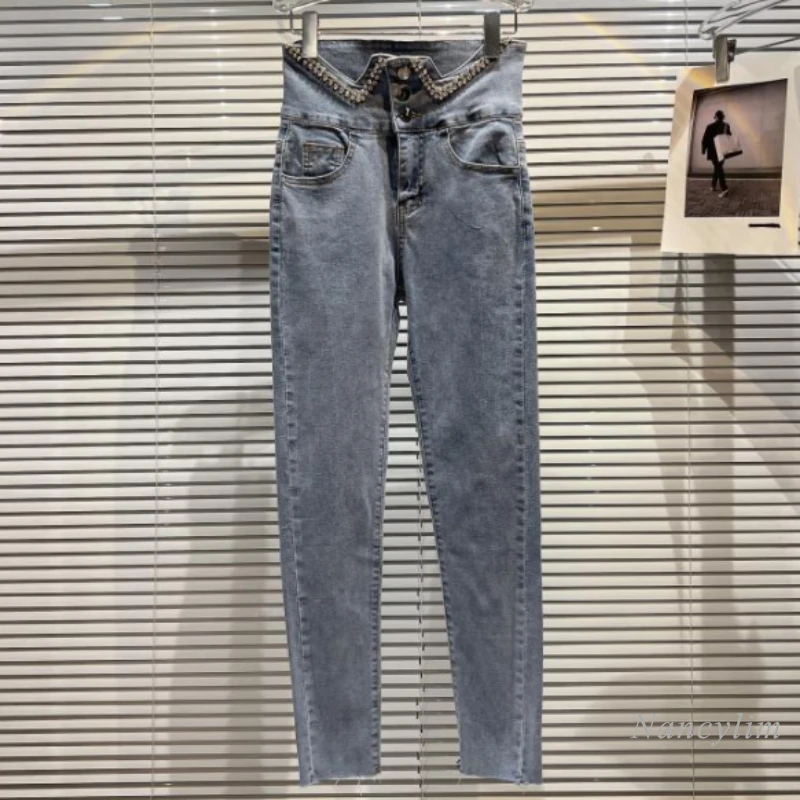 

Blue Jeans for Women 2022 Spring New Classic Style Rhinestone Beaded High Waist Skinny Stretch Pencil Trousers Lady Denim Pants
