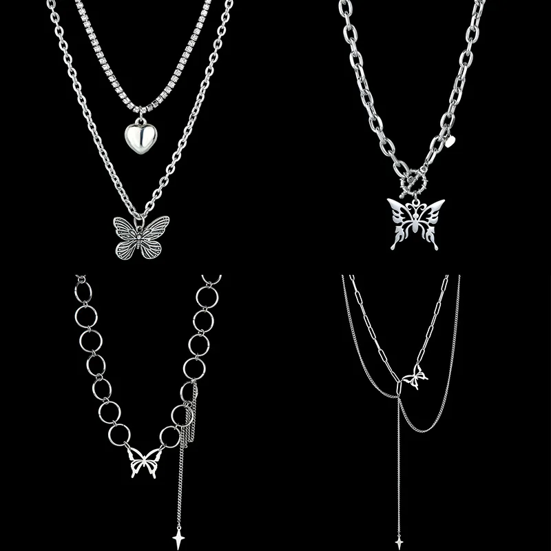 Модное Двухслойное ожерелье с подвеской-бабочкой из нержавеющей стали