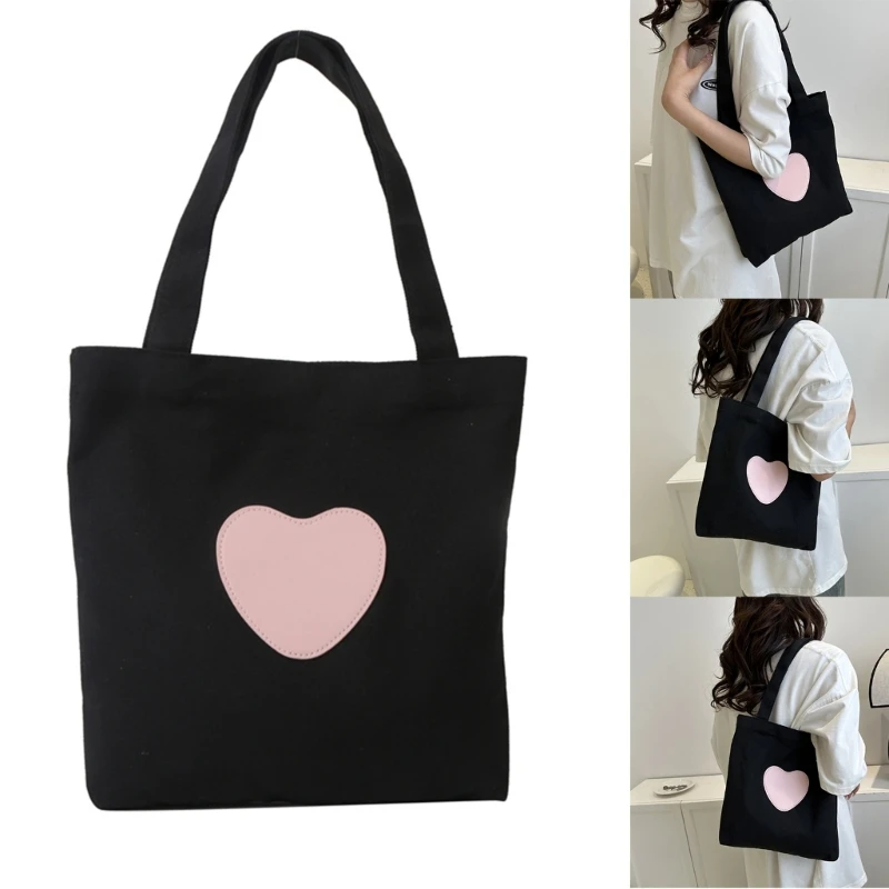

Модная холщовая большая сумка с узором в форме сердца, просторная и портативная женская сумка